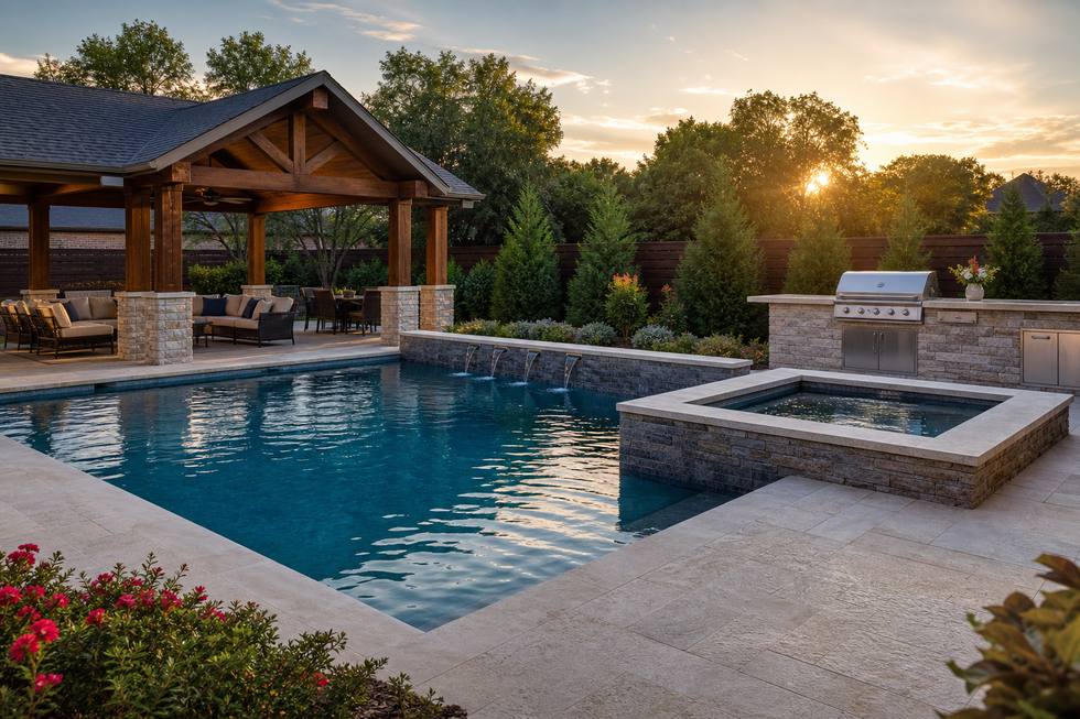 McKinney outdoor living pool with spa and grilling station